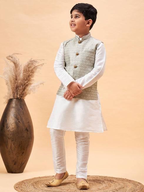 Boy's Beige Woven Jacket With White Kurta And Pyjama Set