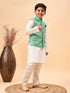Boy's Green Woven Jacket With Cream Kurta And Pyjama Set