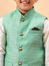 Boy's Green Woven Jacket With Cream Kurta And Pyjama Set
