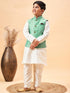 Boy's Green Woven Jacket With Cream Kurta And Pyjama Set