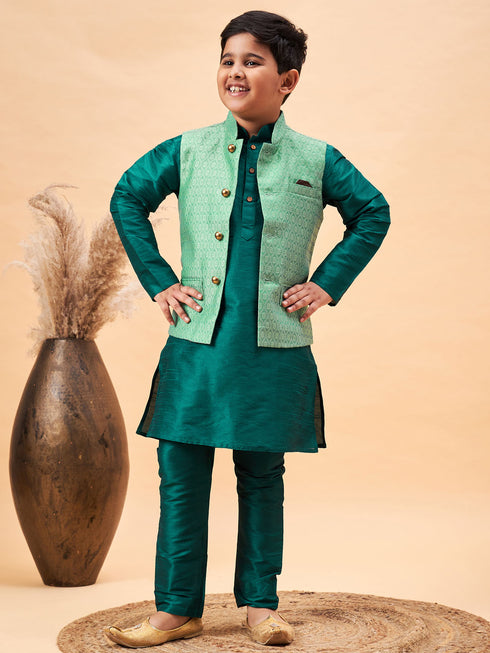 Boy's Green Woven Nehru Jacket With Green Kurta Pyjama Set