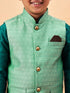 Boy's Green Woven Nehru Jacket With Green Kurta Pyjama Set
