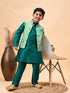 Boy's Green Woven Nehru Jacket With Green Kurta Pyjama Set