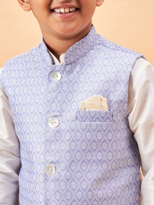 Boy's Lavender Woven Jacket With Cream Kurta And Pyjama Set