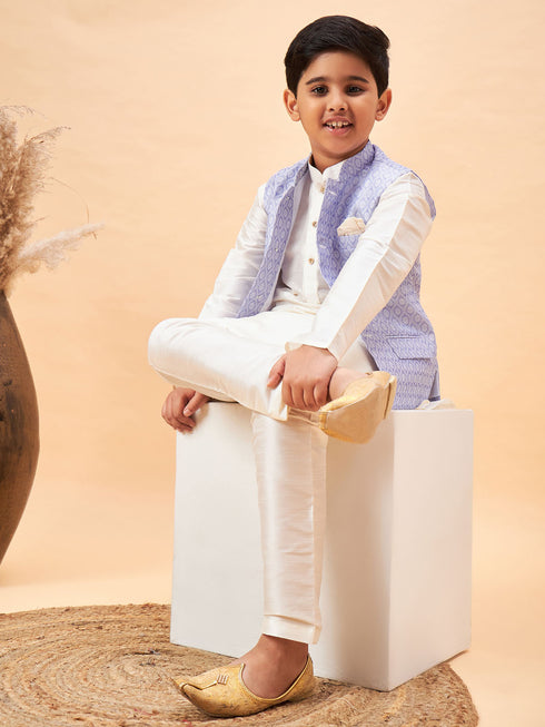 Boy's Lavender Woven Jacket With Cream Kurta And Pyjama Set