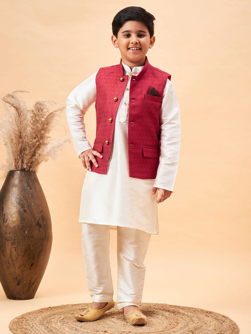 Boy's Maroon Nehru Jacket With Cream Kurta And Pyjama Set