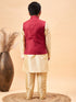 Boy's Maroon Woven Jacket With Gold Kurta And Pyjama Set
