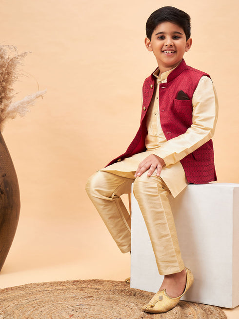 Boy's Maroon Woven Jacket With Gold Kurta And Pyjama Set