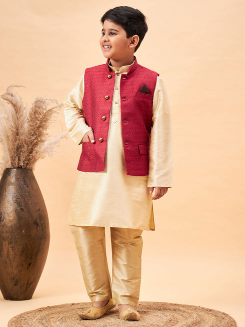 Boy's Maroon Woven Jacket With Gold Kurta And Pyjama Set