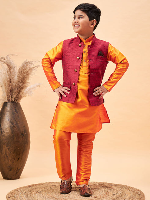 Boy's Maroon Woven Nehru Jacket With Orange Kurta And Pyjama Set