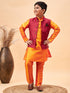 Boy's Maroon Woven Nehru Jacket With Orange Kurta And Pyjama Set