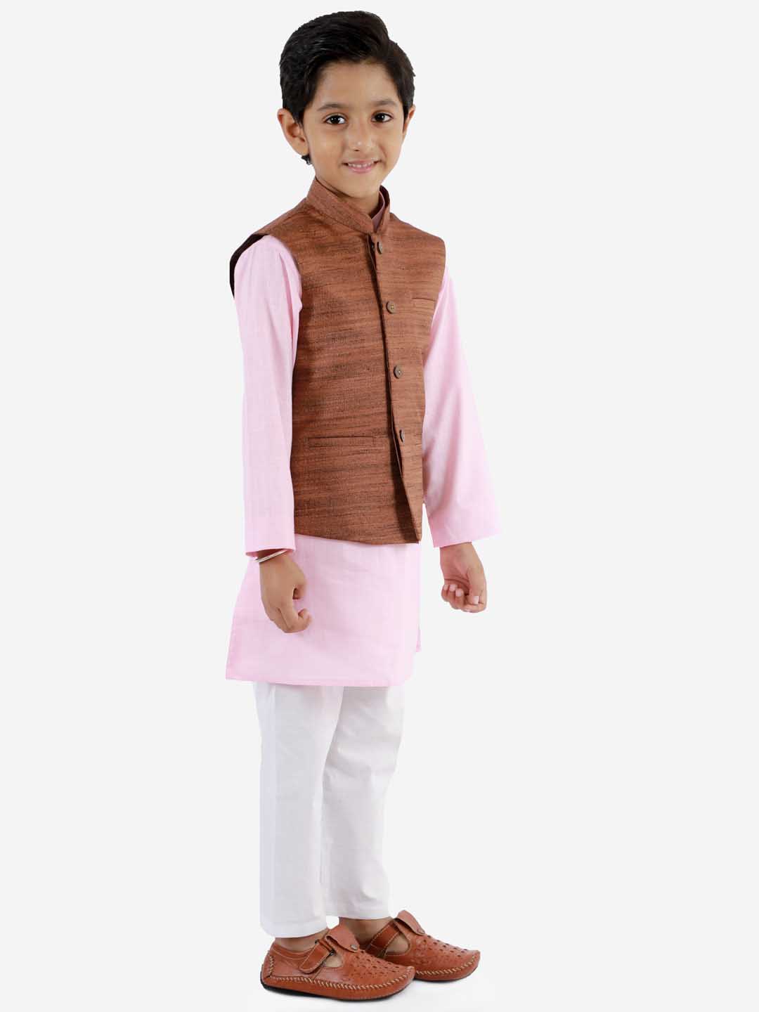Boy's Coffee Brown Matka Silk Blend Nehru Jacket