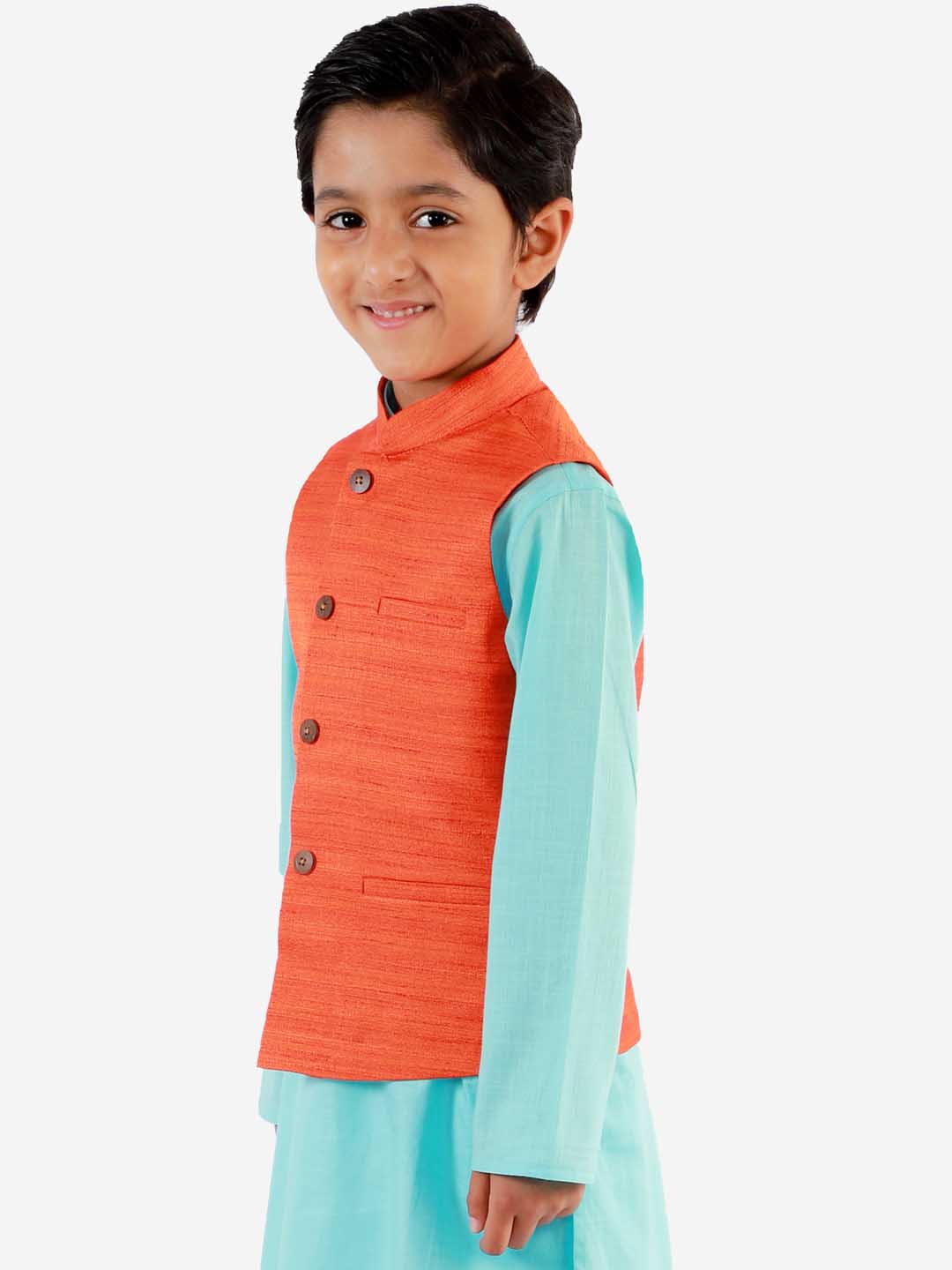 Boy's Orange Matka Silk Blend Nehru Jacket