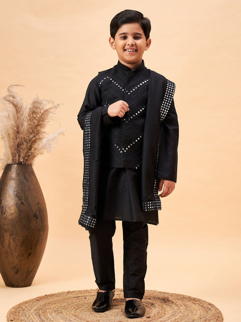 Boy's Black Mirror Work Jacket And Solid Kurta Pyjama Set With Black Ethnic Dupatta
