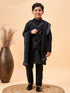 Boy's Black Mirror Work Jacket And Solid Kurta Pyjama Set With Black Ethnic Dupatta