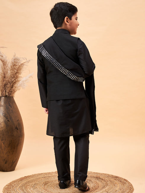 Boy's Black Mirror Work Jacket And Solid Kurta Pyjama Set With Black Ethnic Dupatta