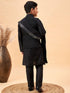 Boy's Black Mirror Work Jacket And Solid Kurta Pyjama Set With Black Ethnic Dupatta