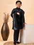 Boy's Black Mirror Work Jacket And Solid Kurta Pyjama Set With Black Ethnic Dupatta