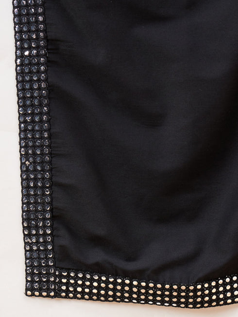 Boy's Black Mirror Work Jacket And Solid Kurta Pyjama Set With Black Ethnic Dupatta