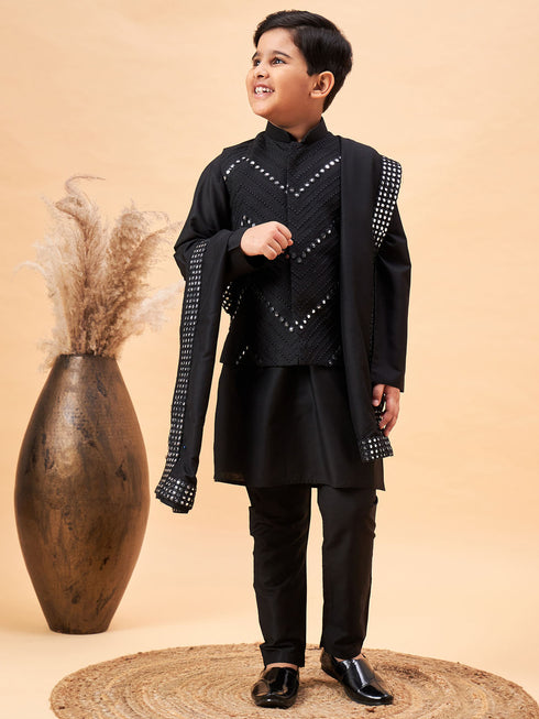 Boy's Black Mirror Work Jacket And Solid Kurta Pyjama Set With Black Ethnic Dupatta