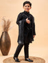 Boy's Black Mirror Work Jacket And Solid Kurta Pyjama Set With Black Ethnic Dupatta