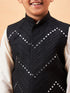 Boy's Black Mirror Work Jacket And Solid Kurta Pyjama Set