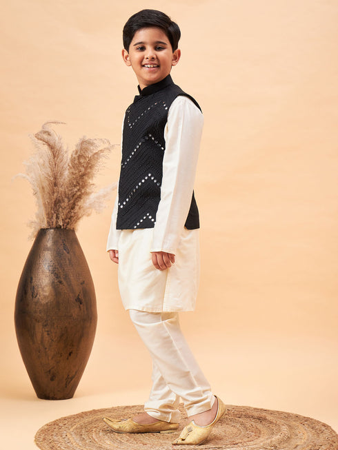 Boy's Black Mirror Work Jacket And Solid Kurta Pyjama Set