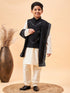 Boy's Black Mirror Work Jacket And Solid Kurta Pyjama Set With Black Ethnic Dupatta