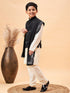 Boy's Black Mirror Work Jacket And Solid Kurta Pyjama Set With Black Ethnic Dupatta