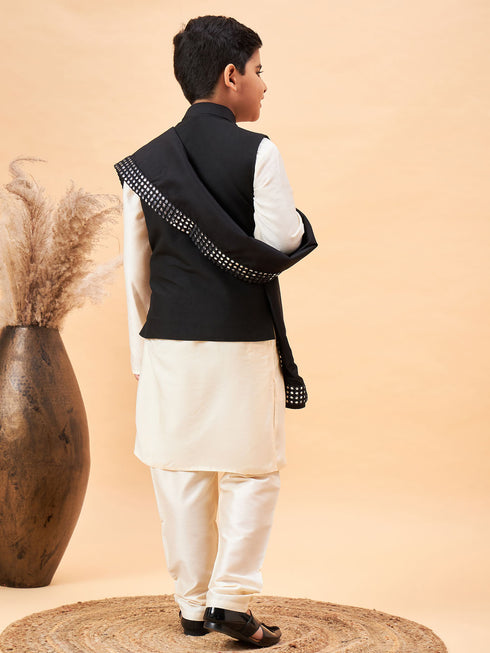 Boy's Black Mirror Work Jacket And Solid Kurta Pyjama Set With Black Ethnic Dupatta