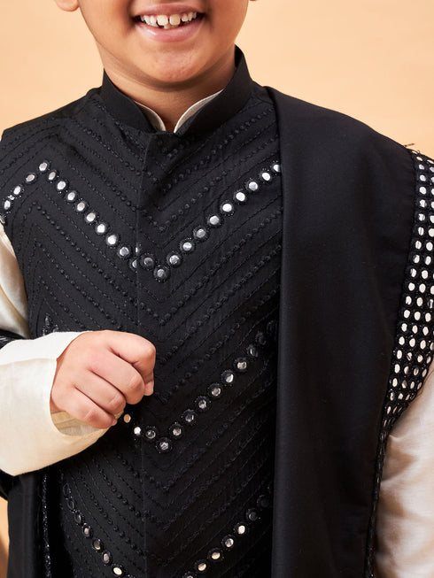Boy's Black Mirror Work Jacket And Solid Kurta Pyjama Set With Black Ethnic Dupatta