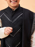 Boy's Black Mirror Work Jacket And Solid Kurta Pyjama Set With Black Ethnic Dupatta