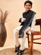 Boy's Black Mirror Work Jacket And Solid Kurta Pyjama Set With Black Ethnic Dupatta