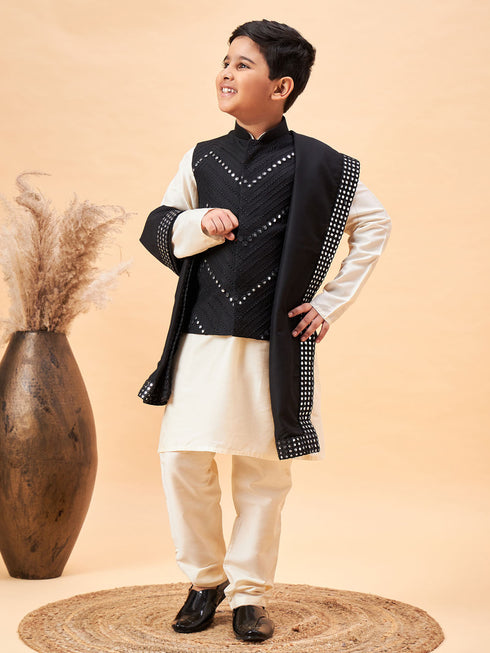 Boy's Black Mirror Work Jacket And Solid Kurta Pyjama Set With Black Ethnic Dupatta