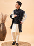 Boy's Black Mirror Work Jacket And Solid Kurta Pyjama Set With Black Ethnic Dupatta