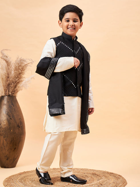 Boy's Black Mirror Work Jacket And Solid Kurta Pyjama Set With Black Ethnic Dupatta