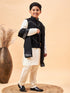 Boy's Black Mirror Work Jacket And Solid Kurta Pyjama Set With Black Ethnic Dupatta