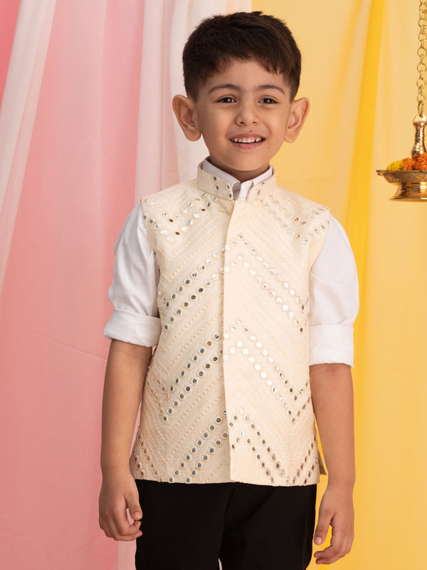 Boy's' Cream Mirror Work Ethnic Jacket