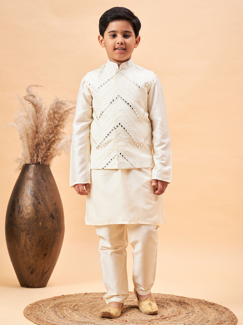 Boy's Cream Mirror Work Jacket And Solid Kurta Pyjama Set