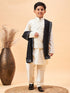 Boy's Cream Mirror Work Jacket And Solid Kurta Pyjama Set With Black Ethnic Dupatta