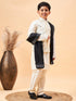 Boy's Cream Mirror Work Jacket And Solid Kurta Pyjama Set With Black Ethnic Dupatta