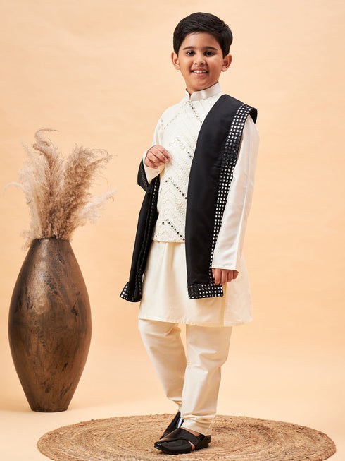 Boy's Cream Mirror Work Jacket And Solid Kurta Pyjama Set With Black Ethnic Dupatta