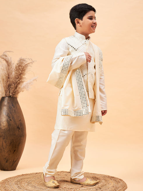 Boy's Cream Mirror Work Jacket And Solid Kurta Pyjama Set With Ethnic Dupatta