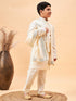 Boy's Cream Mirror Work Jacket And Solid Kurta Pyjama Set With Ethnic Dupatta