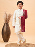 Boy's Cream Mirror Work Jacket And Solid Kurta Pyjama Set With Maroon Ethnic Dupatta