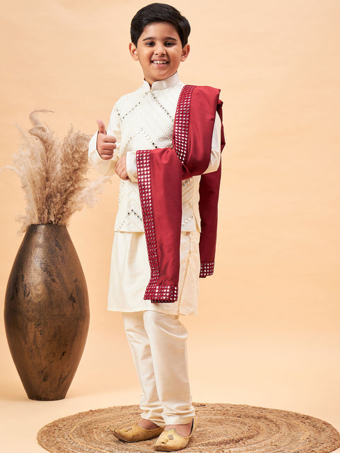 Boy's Cream Mirror Work Jacket And Solid Kurta Pyjama Set With Maroon Ethnic Dupatta