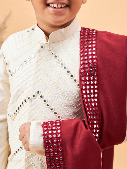 Boy's Cream Mirror Work Jacket And Solid Kurta Pyjama Set With Maroon Ethnic Dupatta
