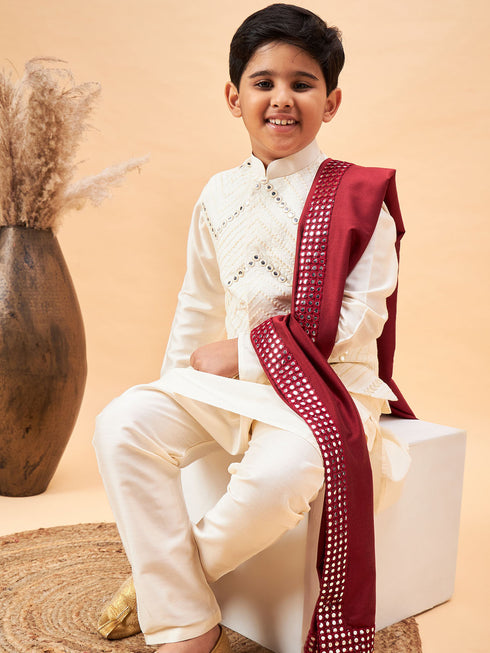 Boy's Cream Mirror Work Jacket And Solid Kurta Pyjama Set With Maroon Ethnic Dupatta