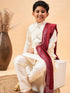 Boy's Cream Mirror Work Jacket And Solid Kurta Pyjama Set With Maroon Ethnic Dupatta