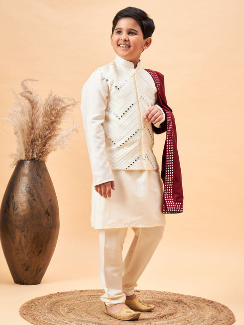 Boy's Cream Mirror Work Jacket And Solid Kurta Pyjama Set With Maroon Ethnic Dupatta